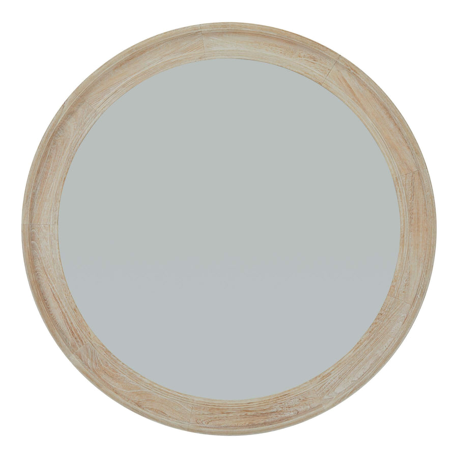 Handcrafted distressed wood mirror, 80cm round, antique white finish, enhances light and space in rustic or modern decor by Sostter at brixbailey.com