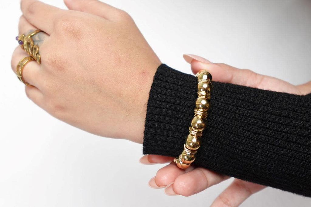 Beaded Orb Adjustable Brass/Sliver Cuff - Textured golden cuff with polished brass beads, crafted for a modern ethnic feel.