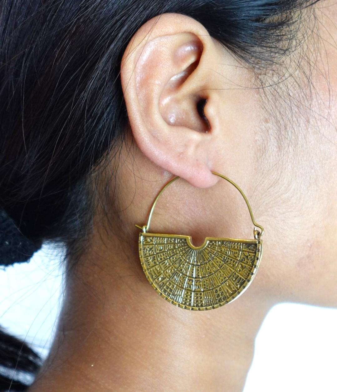 Half-Fan Brass Earrings – Ancient Mandala Statement Hoops.