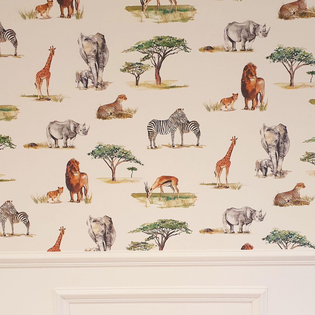 Safari Animals Hand-Designed Children's Wallpaper - Blue, Cream and Grey Colour Options