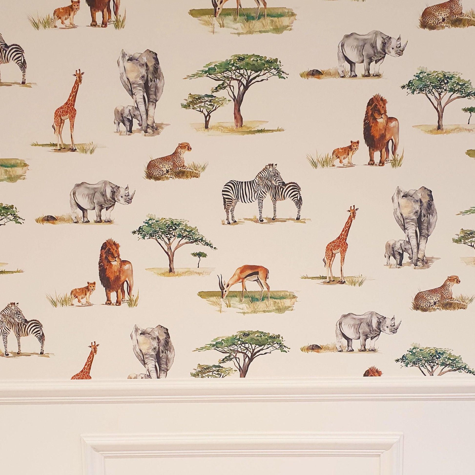 Safari Animals Hand-Designed Children's Wallpaper - Blue, Cream and Grey Colour Options