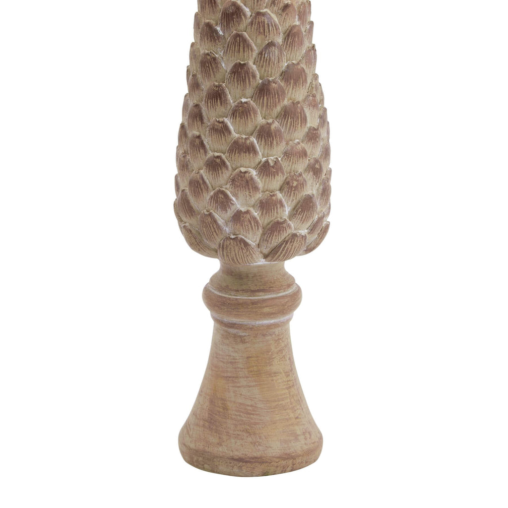 Handcrafted pinecone sculpture in warm brown resin, 26cm tall with realistic wood texture, nature-inspired home decor. by Sostter at brixbailey.com