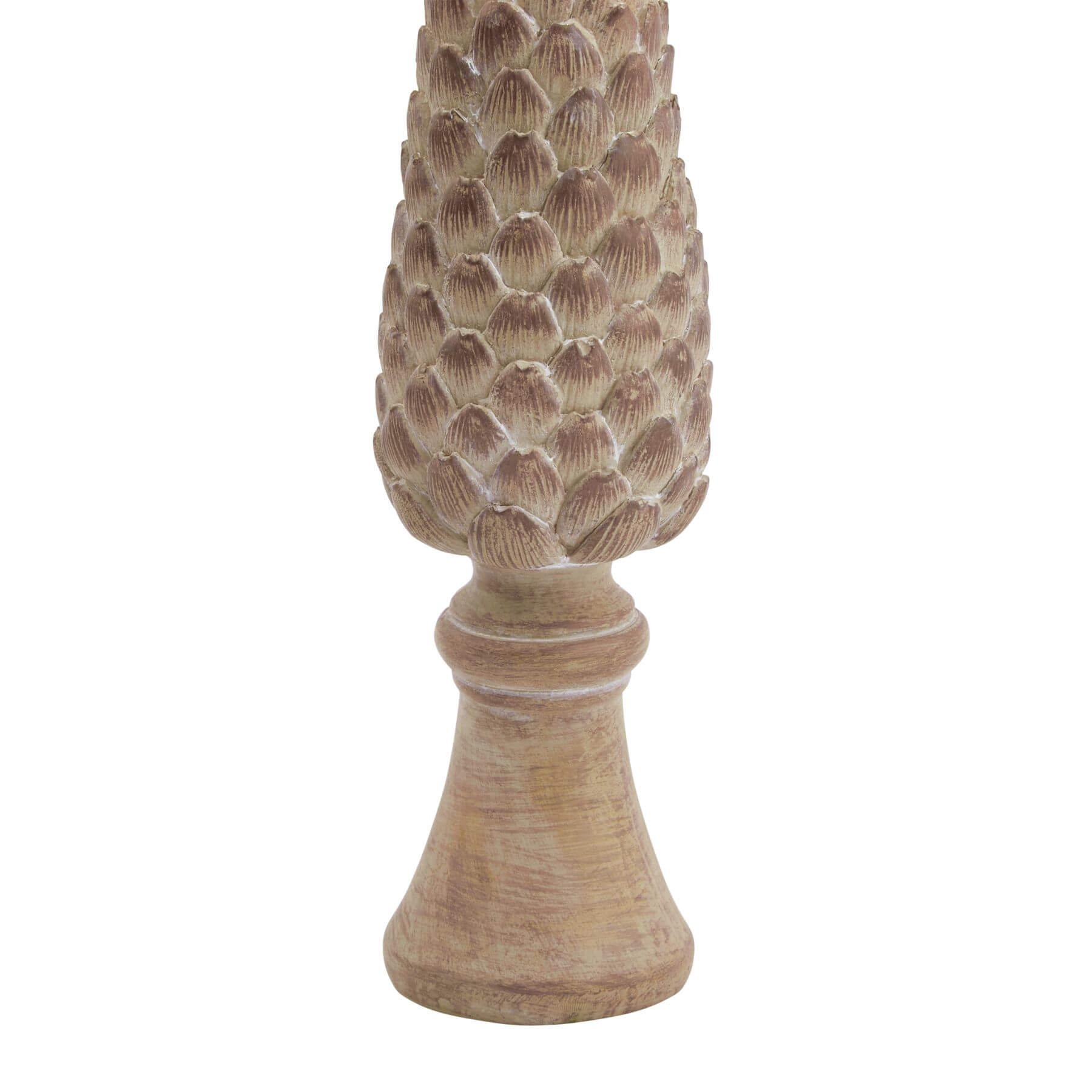 Handcrafted pinecone sculpture in warm brown resin, 26cm tall with realistic wood texture, nature-inspired home decor. by Sostter at brixbailey.com