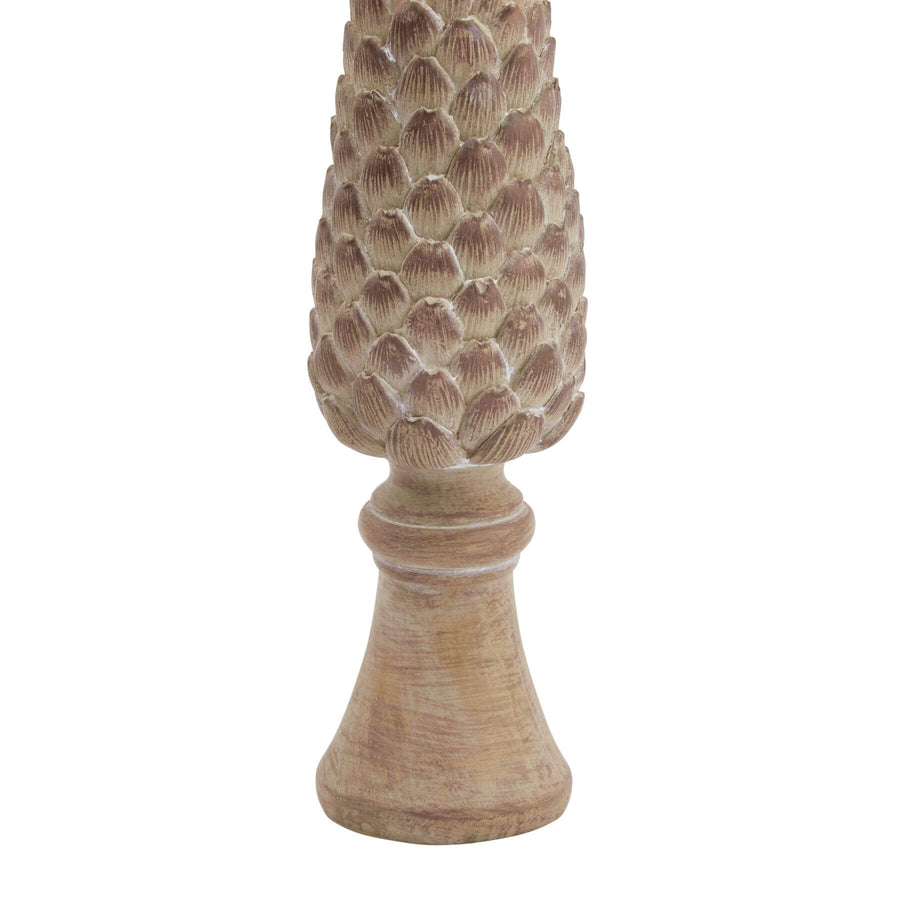 Handcrafted pinecone sculpture in warm brown resin, 26cm tall with realistic wood texture, nature-inspired home decor. by Sostter at brixbailey.com
