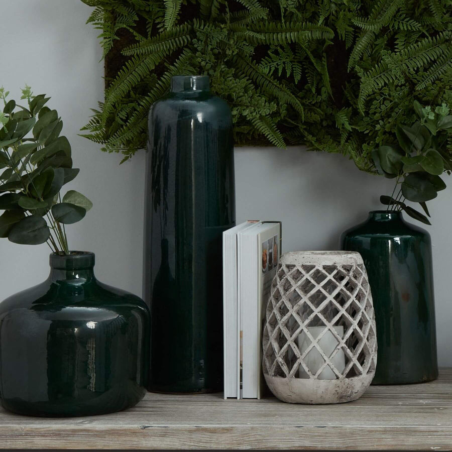 Large conical ceramic lattice hurricane lantern in natural stone, elegant lattice cutouts for soft ambient lighting, contemporary decor. by Sostter at brixbailey.com