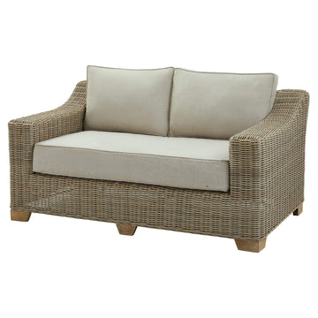 Beige two-seater outdoor sofa with HDPE wicker weave, aluminum frame, and acacia wood feet, featuring Olefin cushions by Sostter at brixbailey.com