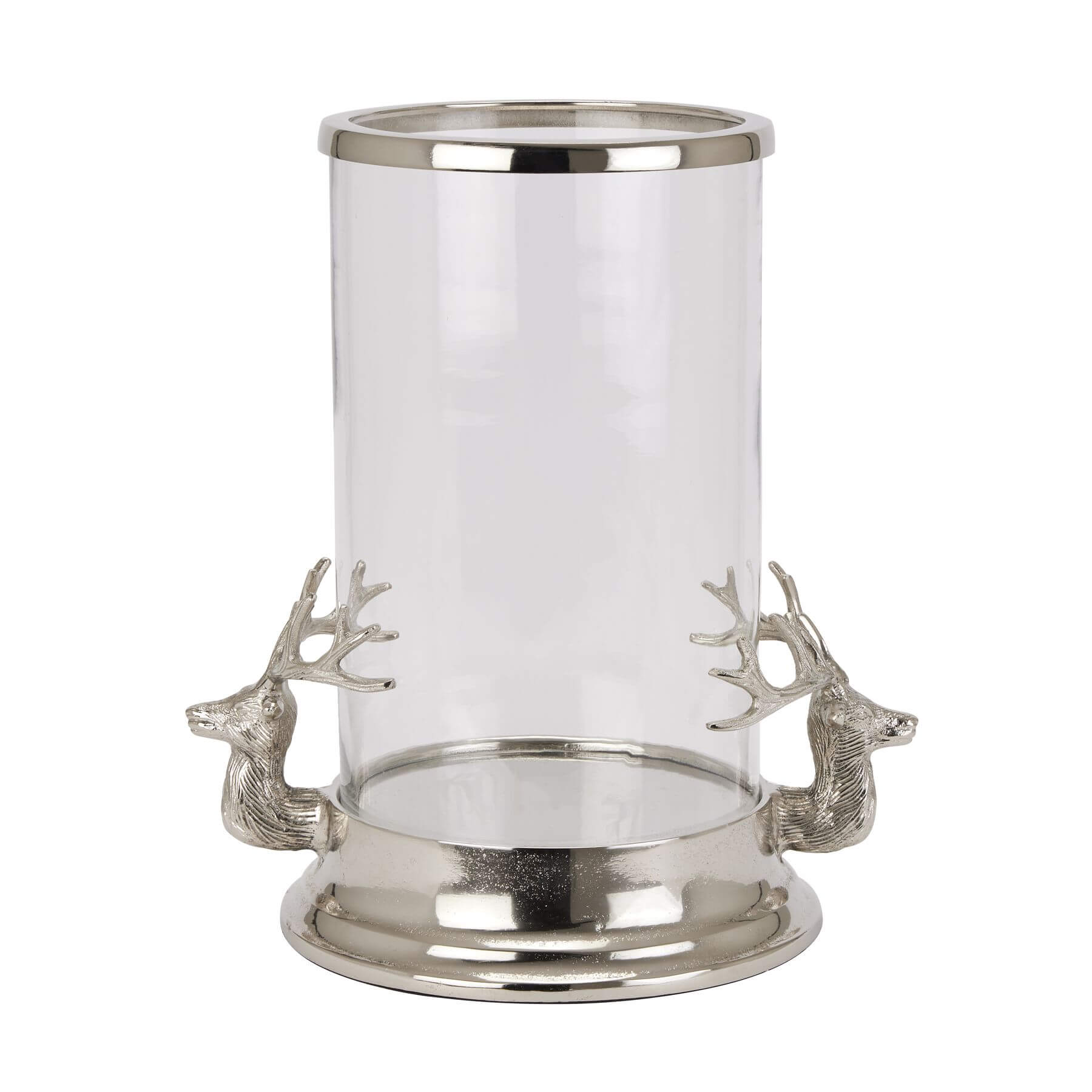 Silver Stag Heads Hurricane Lantern with glass cylinder, polished metal finish, and intricate stag accents for home decor by Sostter at brixbailey.com
