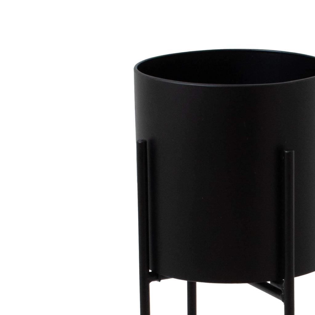 Matte black metal cylindrical planter with geometric base, 84cm tall, modern home decor for plants by Sostter at brixbailey.com