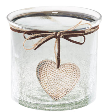 Midnight ombre glass vessel with hammered heart pendant, crackled texture, and leather-look cord for candles or decor by Sostter at brixbailey.com