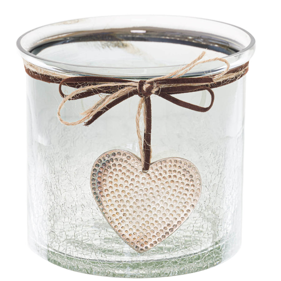 Midnight ombre glass vessel with hammered heart pendant, crackled texture, and leather-look cord for candles or decor by Sostter at brixbailey.com