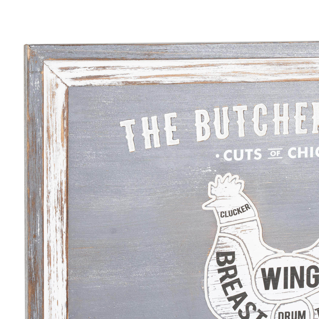 Handcrafted grey wood butcher's plaque with chicken cuts diagram, vintage farmhouse kitchen decor by RoomLondon at brixbailey.com