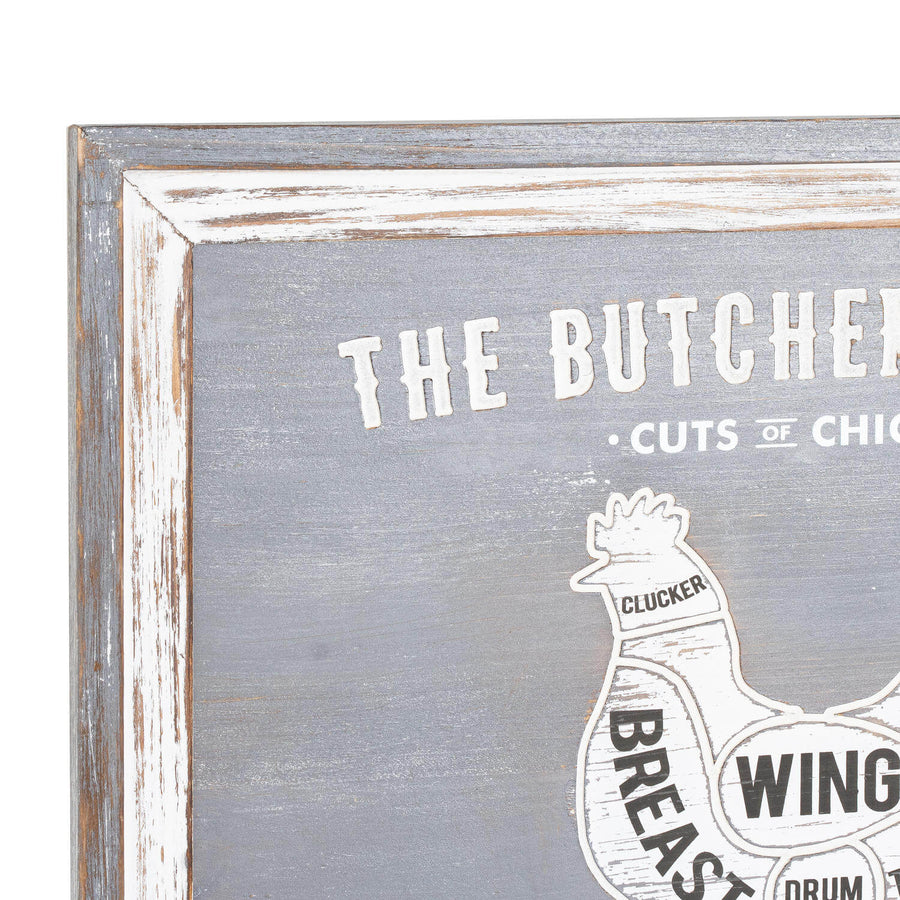 Handcrafted grey wood butcher's plaque with chicken cuts diagram, vintage farmhouse kitchen decor by Sostter at brixbailey.com
