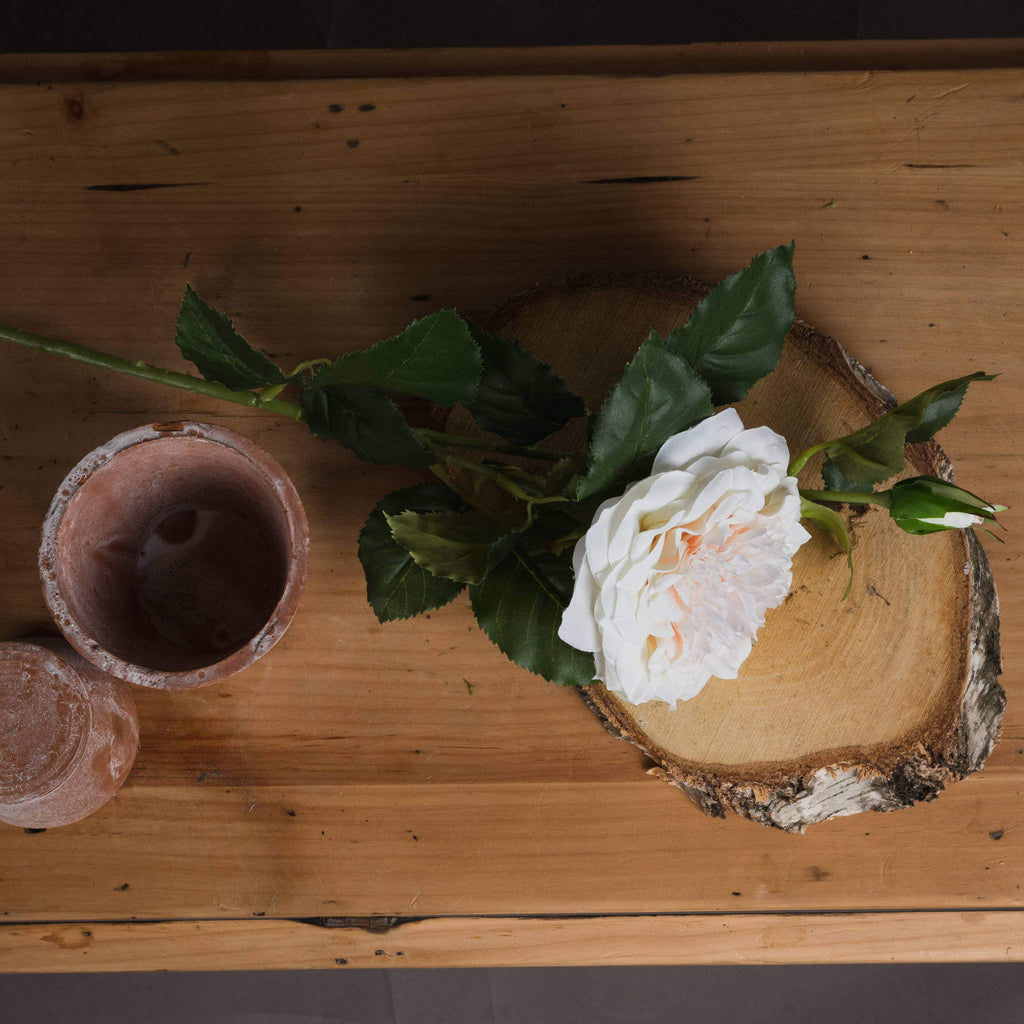 Lifelike white garden rose spray with textured leaves, perfect for home decor centerpieces or mantel displays by RoomLondon at brixbailey.com