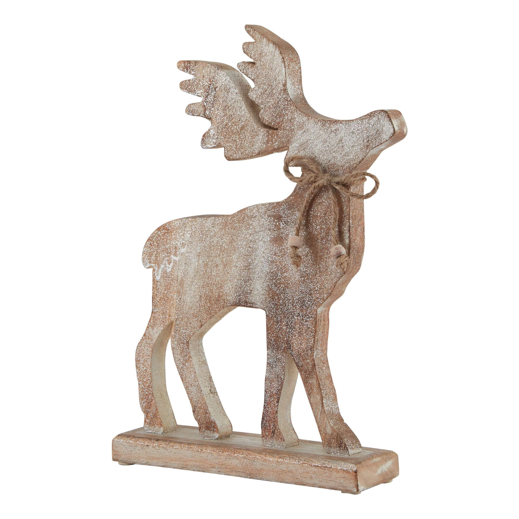 White-washed wooden sparkle stag wall decor with distressed finish and shimmer accents, rustic home centerpiece by RoomLondon at brixbailey.com