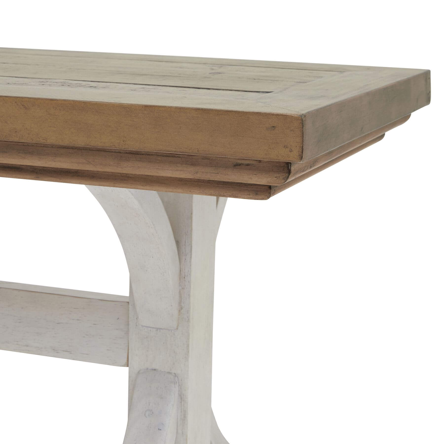 Farmhouse dining bench with pine top and white legs, rustic modern design for versatile home decor. by Sostter at brixbailey.com