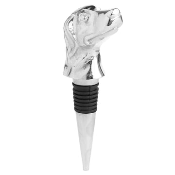 Silver nickel dog head wine bottle stopper, elegant metal pour spout with detailed canine sculpture  by Sostter at brixbailey.com