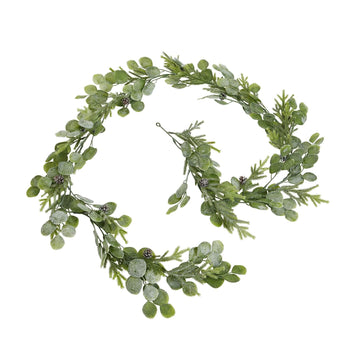 Frosted pine and eucalyptus winter garland with silvery foliage, 180cm long, for mantels or holiday decor   

- **Keywords included:** frosted pine, eucalyptus, winter garland, silvery foliage, holiday decor  
- **Clear description:** Visually depicts the garland's materials, color, length, and use  
- **SEO & accessibility optimized:** Concise yet descriptive for both search engines and screen readers by Sostter at brixbailey.com