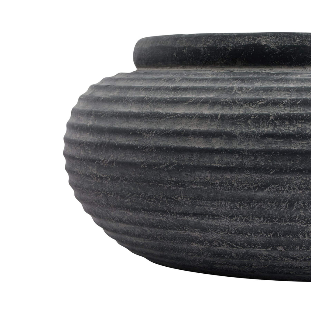 Amalfi grey round ribbed ceramic planter with weathered charcoal finish, 41cm wide by Sostter at brixbailey.com