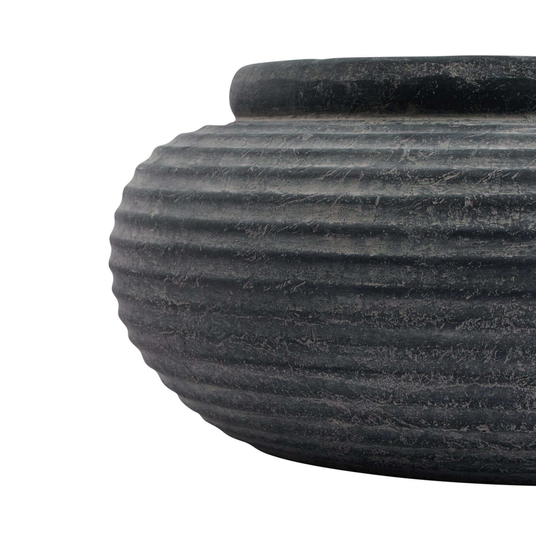 Amalfi grey round ribbed ceramic planter with weathered charcoal finish, 41cm wide by Sostter at brixbailey.com