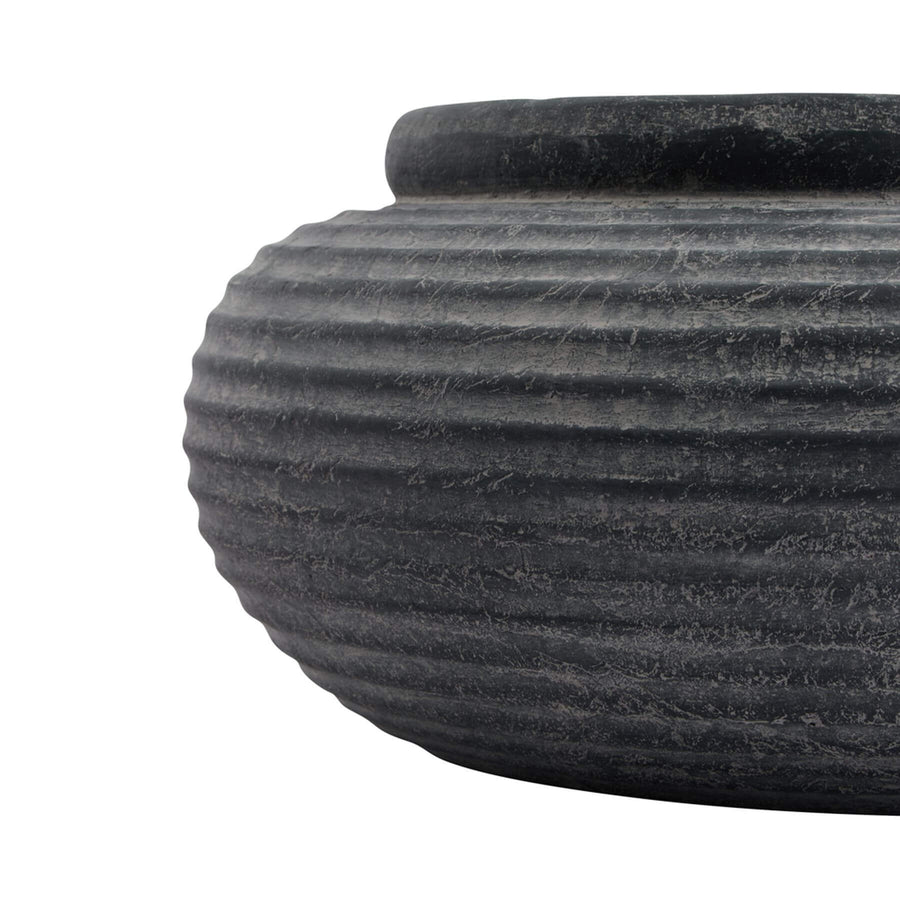 Amalfi grey round ribbed ceramic planter with weathered charcoal finish, 41cm wide by Sostter at brixbailey.com