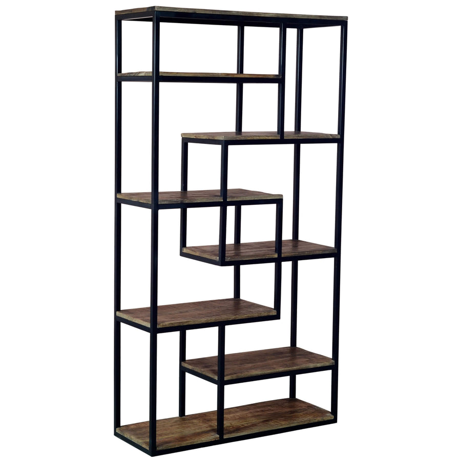 Industrial metal shelf unit with six brown distressed shelves, open framework design for books and decor storage. by Sostter at brixbailey.com