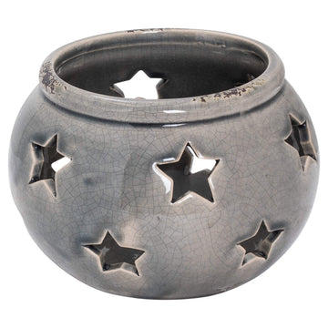 Artisanal ceramic lantern with distressed grey finish and subtle star motif, rustic yet elegant home decor piece by Sostter at brixbailey.com