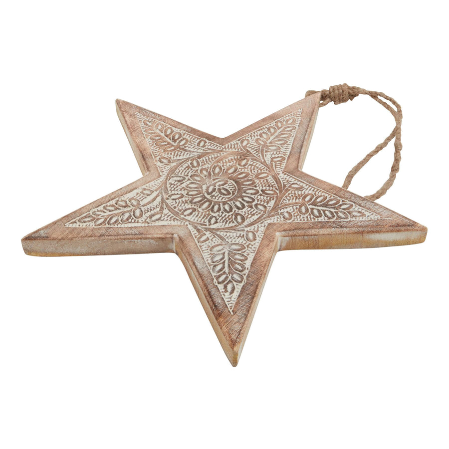 Natural wooden hanging star decor with intricate laser-cut pattern, warm brown finish, 25cm diameter, artisan-crafted wall accent by Sostter at brixbailey.com