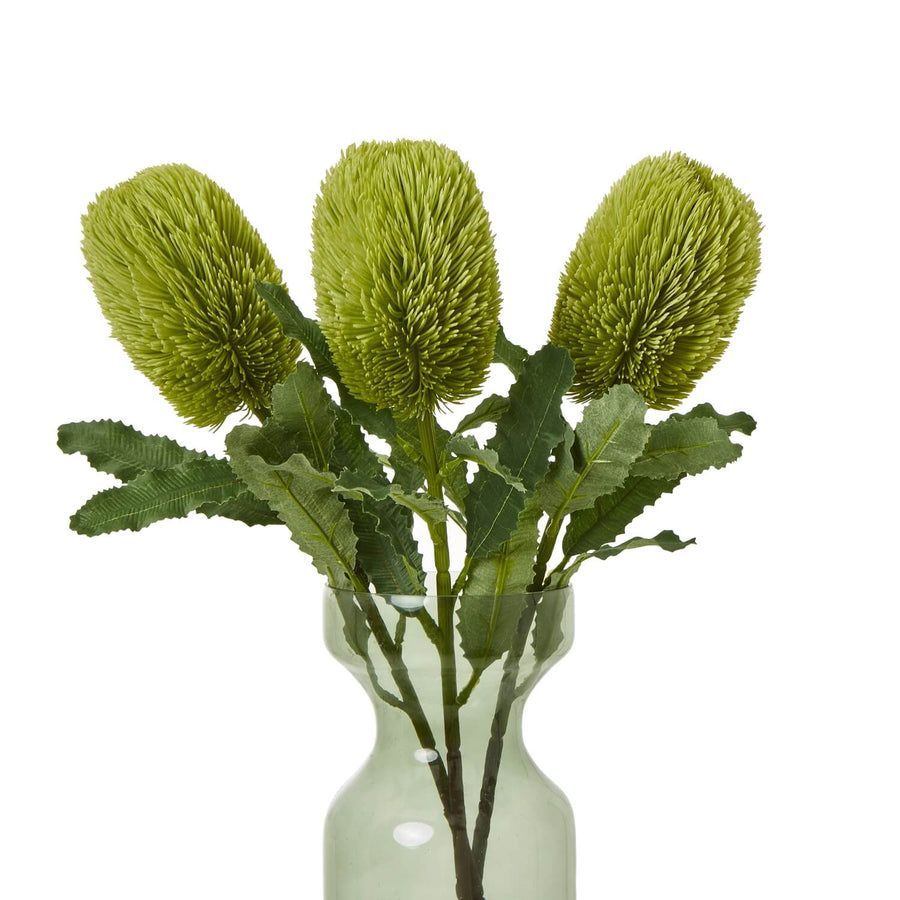 Banksia Serrata artificial stem, 65cm green plastic floral with textured leaves and cone-shaped blooms for home decor by Sostter at brixbailey.com