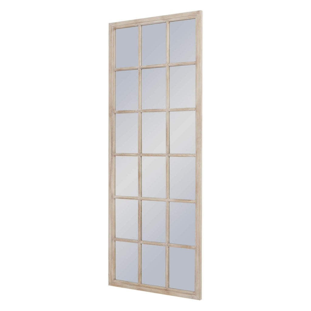 Tall washed wood window mirror with 18-pane design and black distressed frame, enhancing space with rustic elegance. by Sostter at brixbailey.com