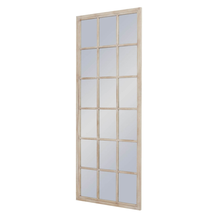 Tall washed wood window mirror with 18-pane design and black distressed frame, enhancing space with rustic elegance. by Sostter at brixbailey.com
