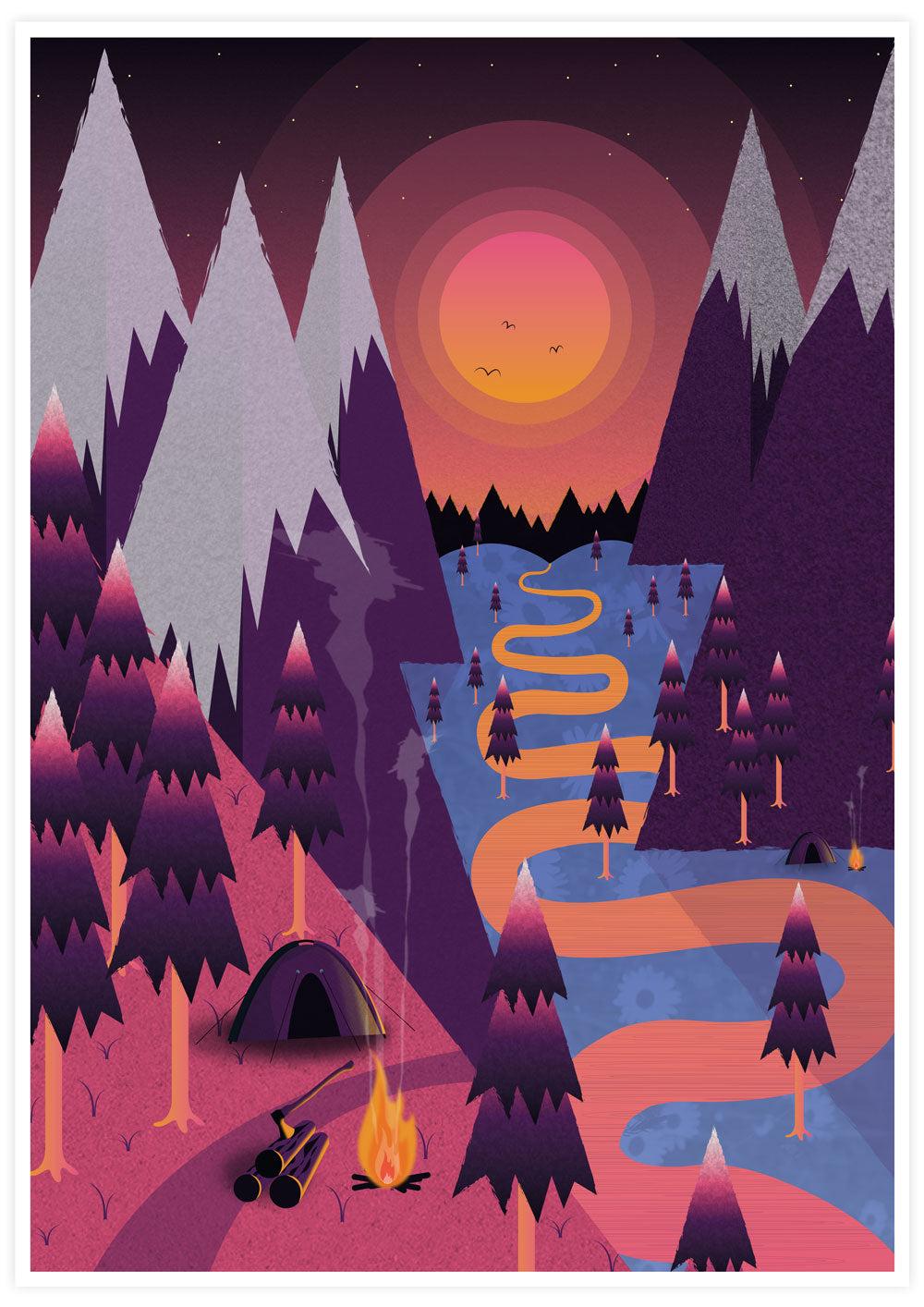 Camping Valley Illustration Print
