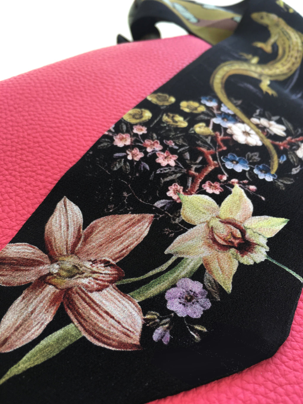 Dark Grey Skinny Silk Scarf in Botanical Cardiac Print