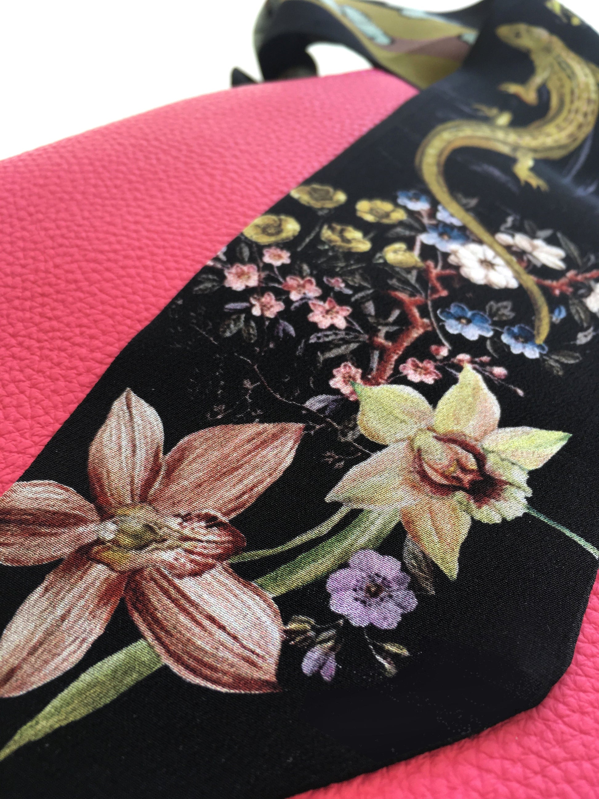 Dark Grey Skinny Silk Scarf in Botanical Cardiac Print