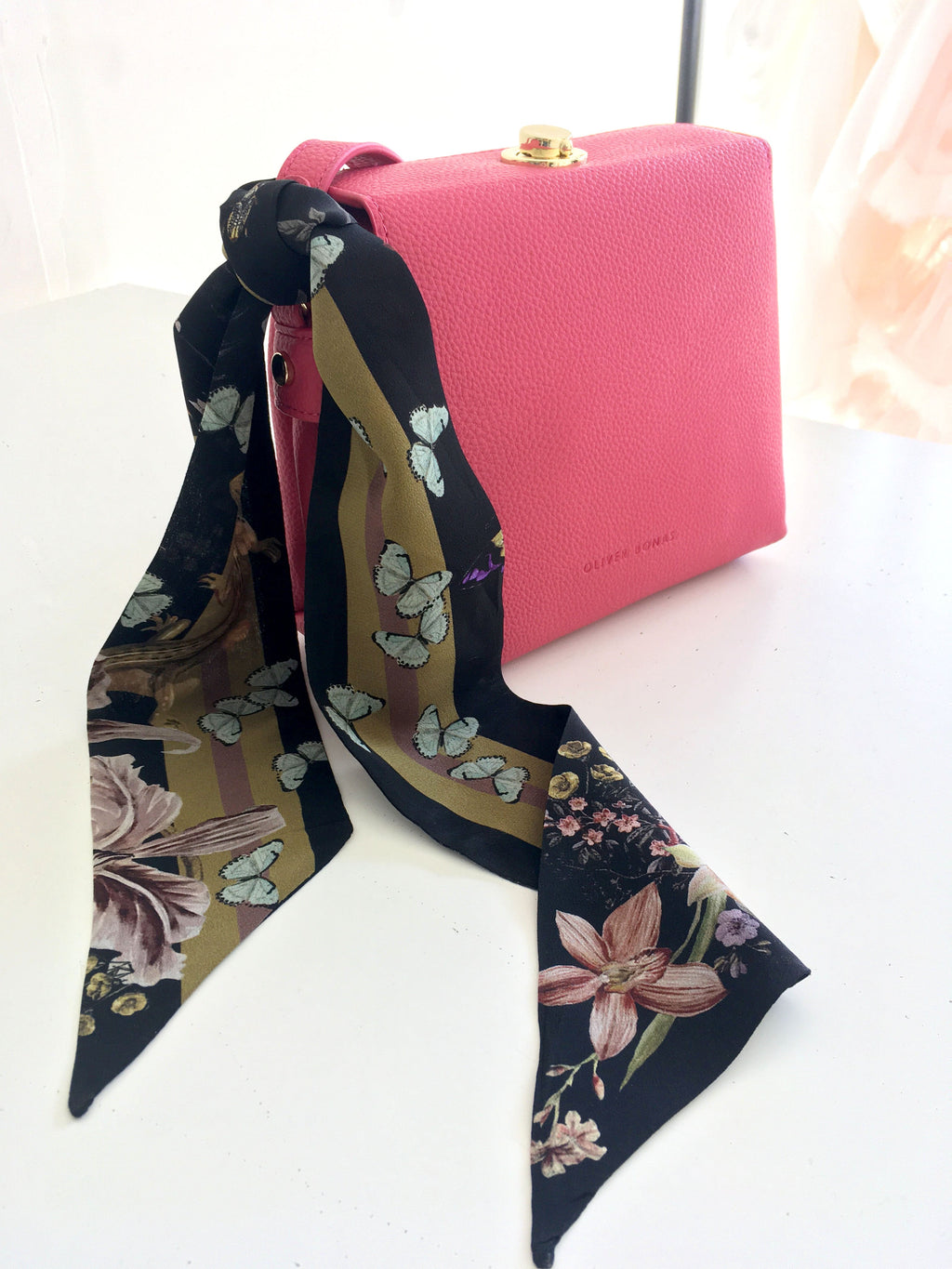 Dark Grey Skinny Silk Scarf in Botanical Cardiac Print