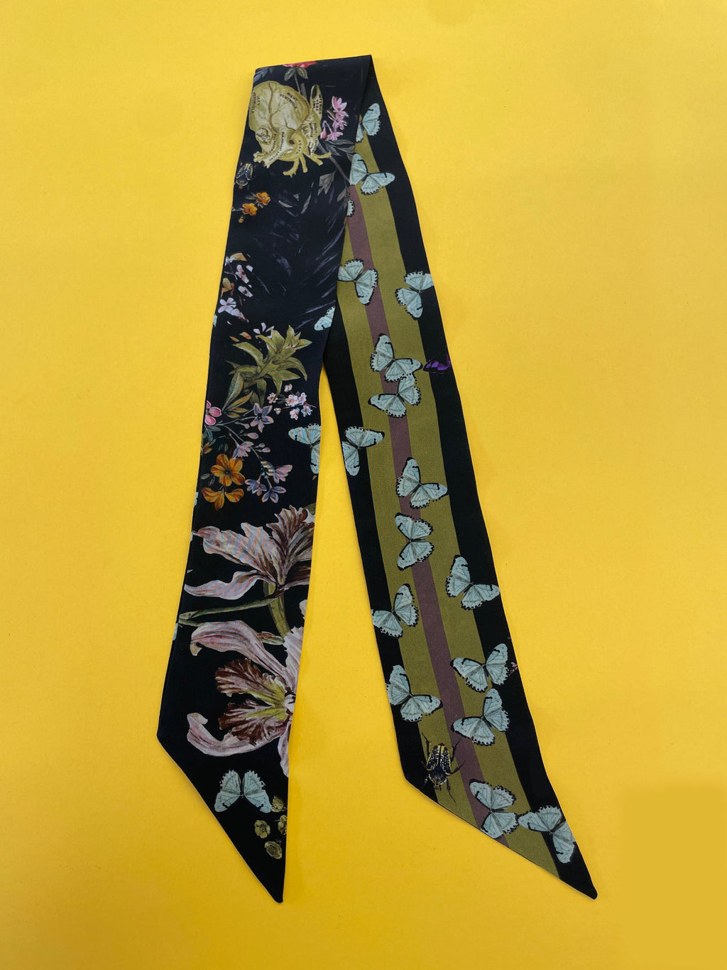Dark Grey Skinny Silk Scarf in Botanical Cardiac Print