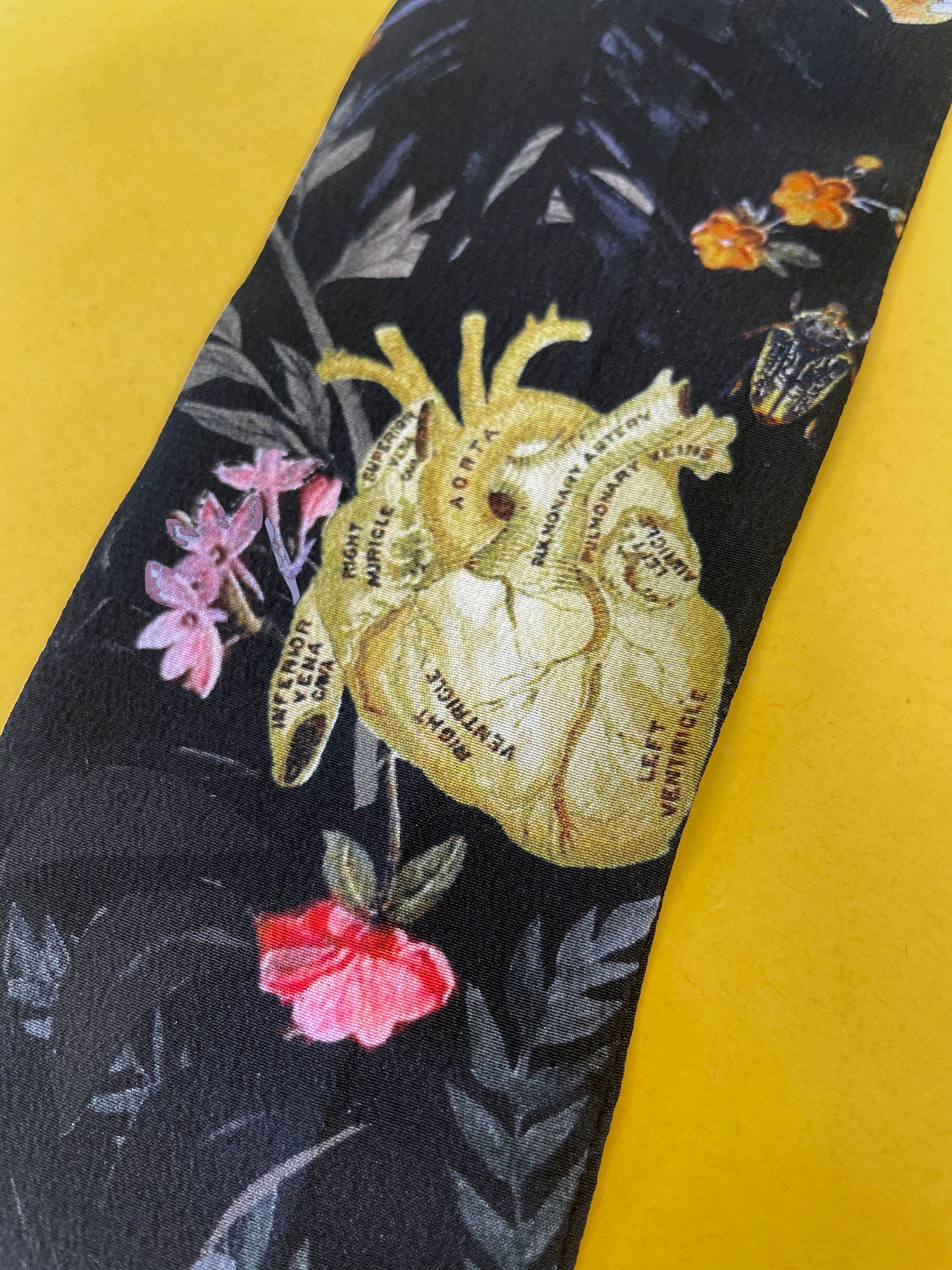 Dark Grey Skinny Silk Scarf in Botanical Cardiac Print