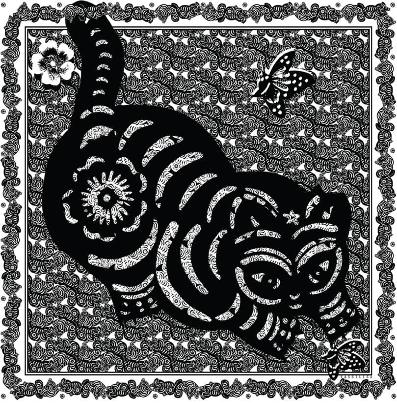 VASSILISA Scarf in Black and White Colour: Cat and Butterfly Print