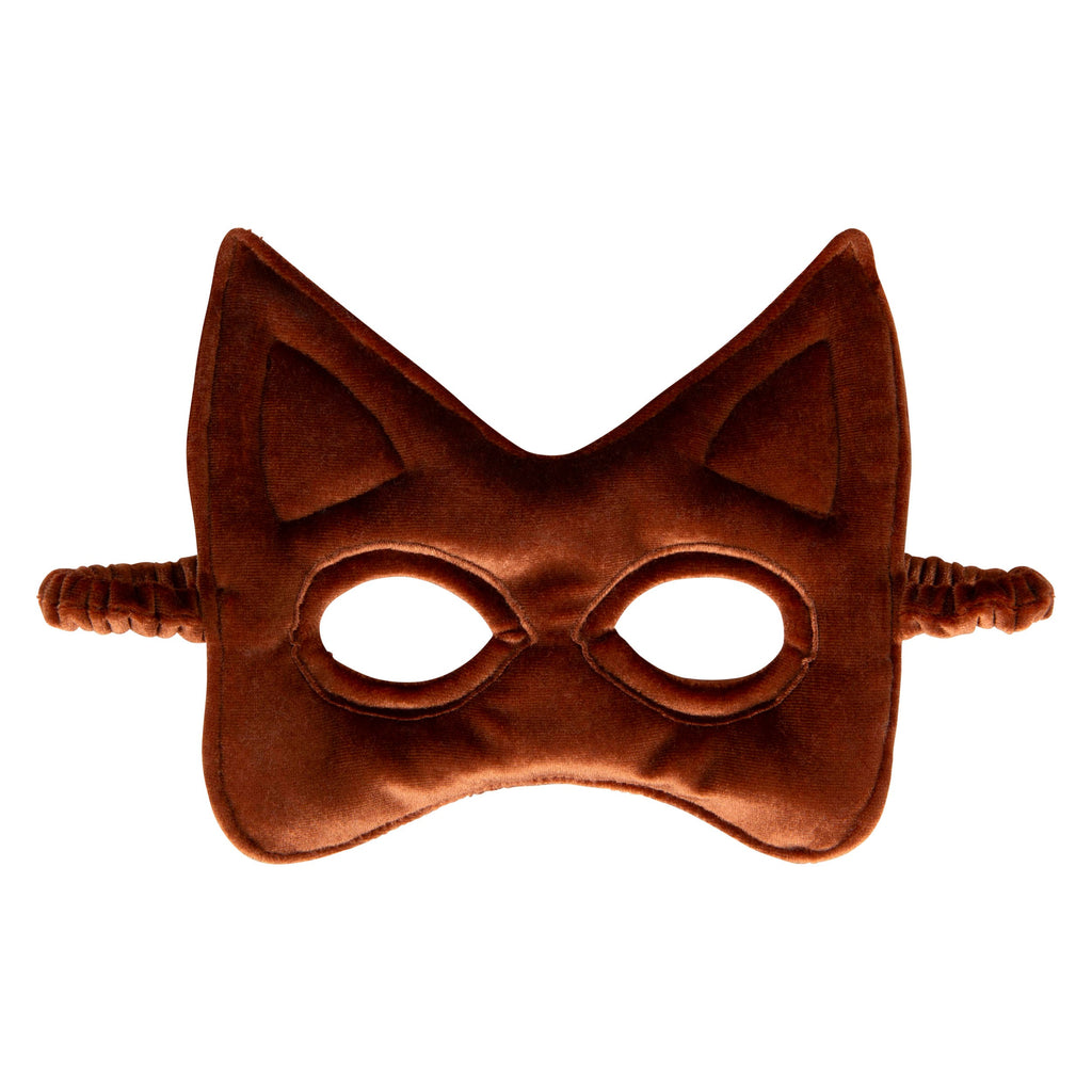 soft velvet ginger cat mask for kids with sequins, close-up side view in warm light