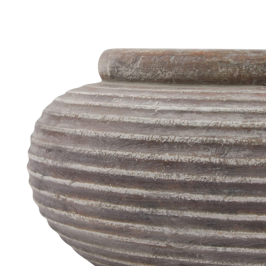 Siena brown round ribbed ceramic planter with horizontal texture, earthy weathered finish, 41cm diameter by Sostter at brixbailey.com