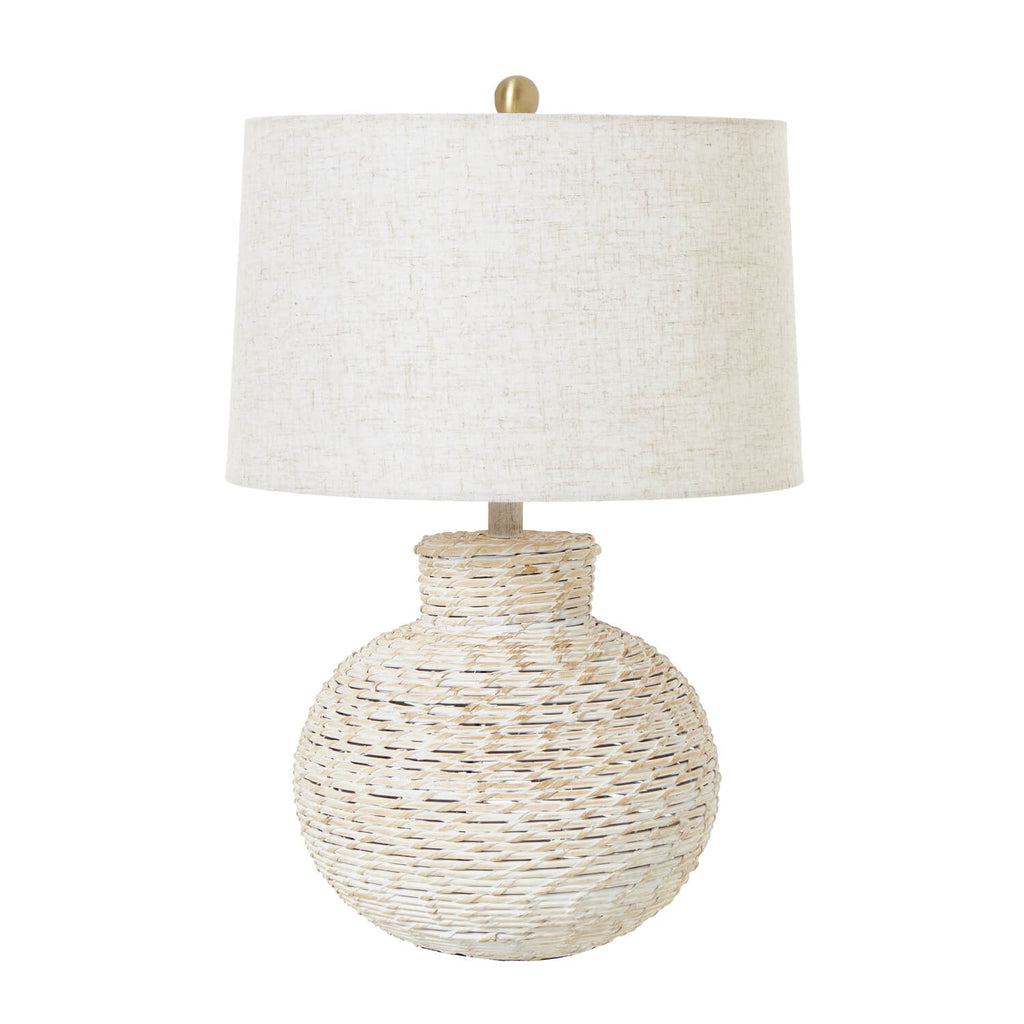 Handcrafted white-washed wicker table lamp with linen shade, rustic modern farmhouse decor, 61cm tall by Sostter at brixbailey.com