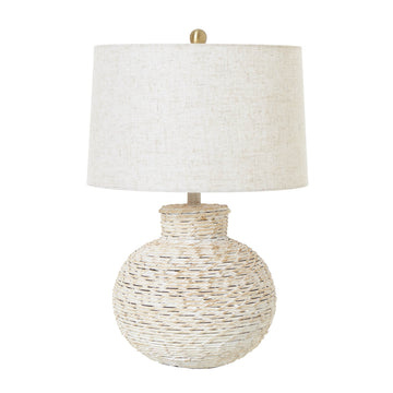 Handcrafted white-washed wicker table lamp with linen shade, rustic modern farmhouse decor, 61cm tall by Sostter at brixbailey.com