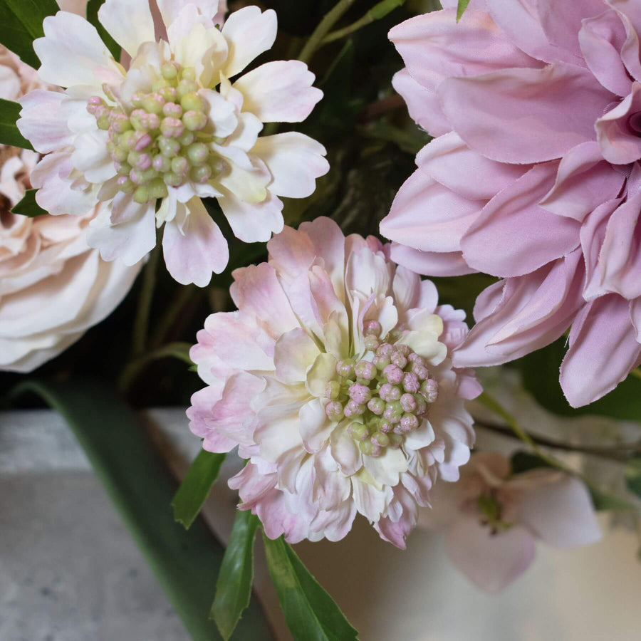 Pink scabious artificial floral stem with green stem, realistic plastic petals for home decor by Sostter at brixbailey.com