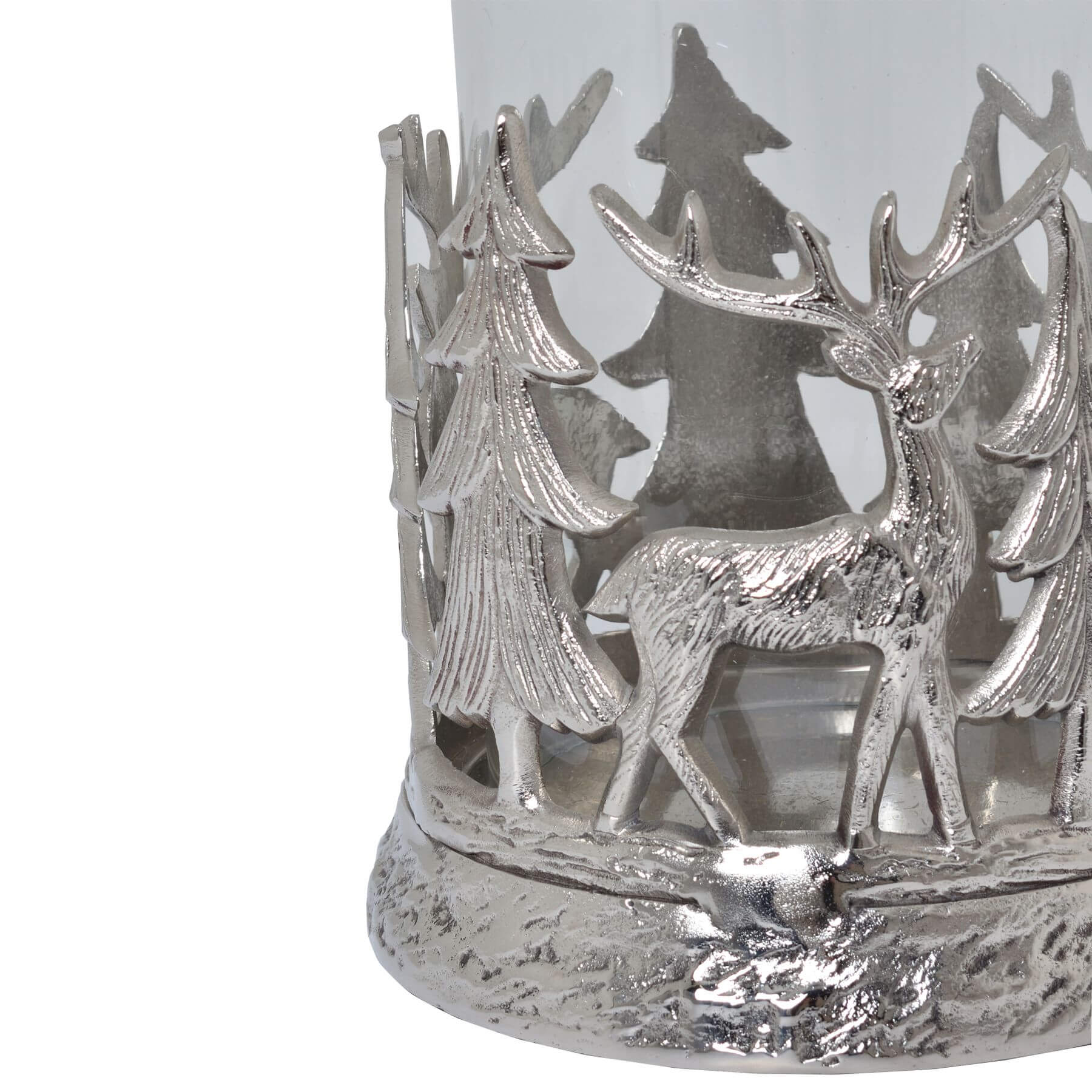 Silver stag hurricane lantern with frosted glass, intricate woodland metalwork in elegant silver finish by Sostter at brixbailey.com