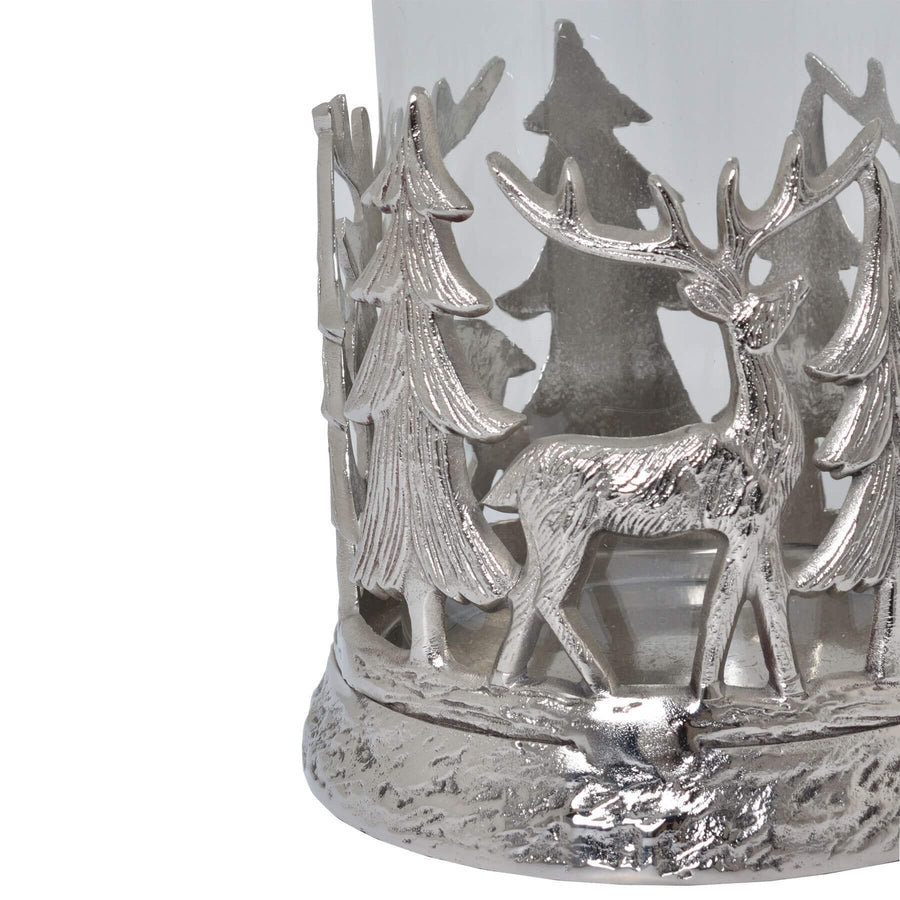 Silver stag hurricane lantern with frosted glass, intricate woodland metalwork in elegant silver finish by Sostter at brixbailey.com