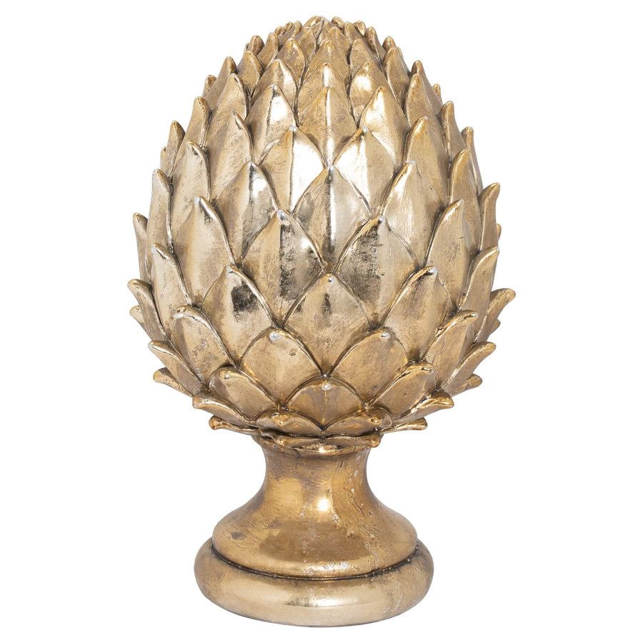 Metallic gold ceramic pinecone finial with intricate layered detailing, 30cm tall, for modern or traditional home decor. by Sostter at brixbailey.com