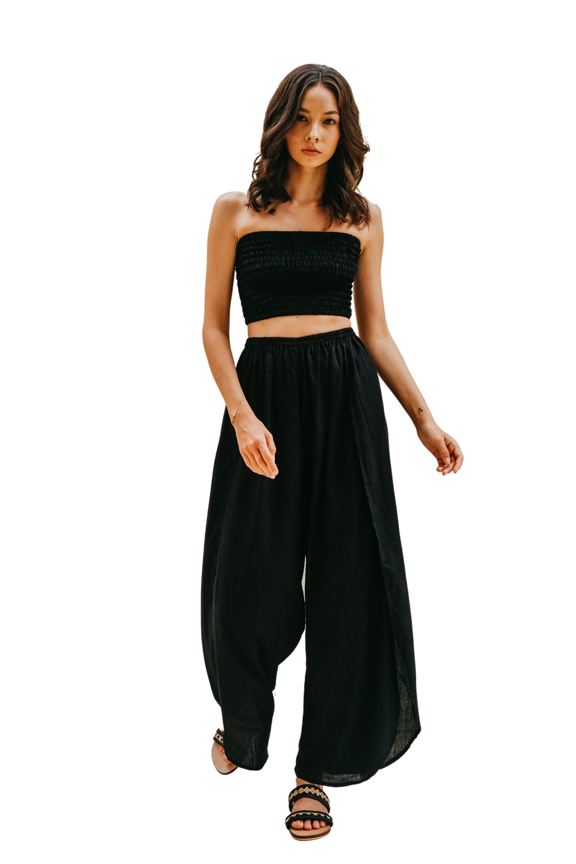 Black Side Split Pants and Tube Top Set