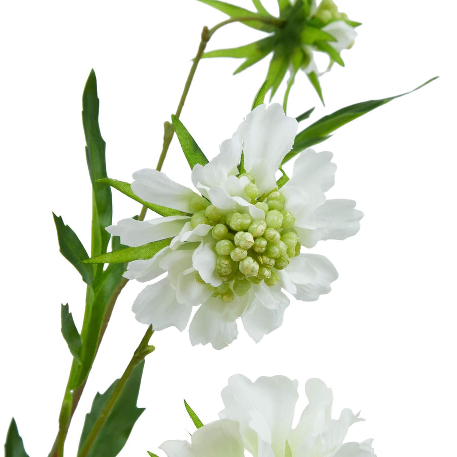 Realistic white scabious artificial flower stem, 65cm, lifelike plastic petals for elegant home decor (124 chars) by Sostter at brixbailey.com