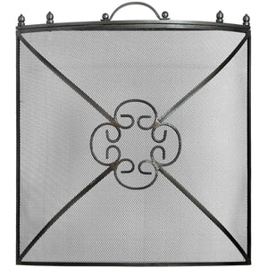 Antique pewter fireguard with ornate detailing, heavy-duty metal frame, and decorative finials for fireplace safety. by sostter at brixbailey.com