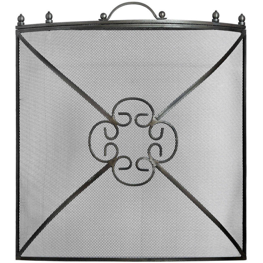 Antique pewter fireguard with ornate detailing, heavy-duty metal frame, and decorative finials for fireplace safety. by Hill Interiors at brixbailey.com