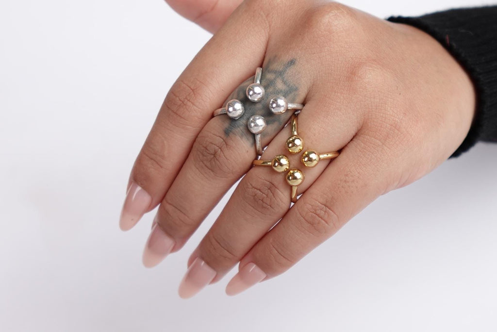 Modern Orb Cluster Rings – Minimalist Gold and Silver Statement Design.